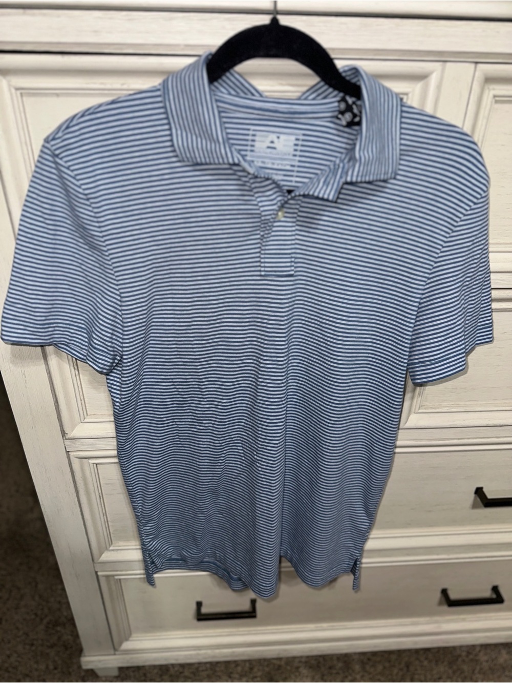 American Eagle Outfitters Light Blue and White Striped Polo